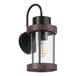 A Globe matte black outdoor wall sconce with faux wood accent and glass shade.