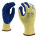 A pair of yellow gloves with blue crinkle latex palms.