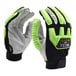 A close-up of a pair of Cordova CALIBER-GT spandex driver's gloves with green and black accents.