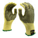 A pair of yellow Cordova Kevlar gloves with black dots on the palms.