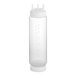 A clear plastic Vollrath Traex squeeze bottle with a white Tri Tip lid.