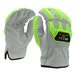 A close-up of Cordova warehouse gloves with green and yellow accents and a green logo.