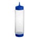 A Vollrath Traex clear plastic squeeze bottle with a blue lid and base cap.