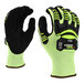 A pair of black and green Cordova OGRE CRX-3 gloves with yellow trim on the wrist.