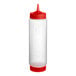 A clear plastic Vollrath Traex squeeze bottle with red caps and a pointy tip.