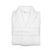 A folded white Garnier-Thiebaut shawl collar bath robe on a white background.