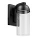 A black wall light fixture from Globe with a clear cylindrical glass shade.