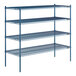 A blue metal Lavex Pro wire shelving unit with four shelves.