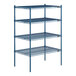 A blue metal Lavex Pro wire shelving unit with four shelves.