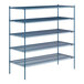 A blue metal Lavex Pro wire shelving unit with five shelves.