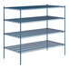 A blue metal Lavex Pro wire shelving unit with four shelves.