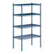 A blue Lavex Pro wire shelving unit with four shelves.