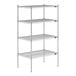 A chrome metal wire shelving unit with four shelves.