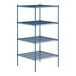 A blue metal wire shelving unit with four shelves.