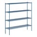 A blue Lavex Pro wire shelving unit with four shelves.