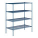 A blue metal Lavex Pro wire shelving unit with four shelves.