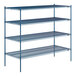 A blue metal Lavex Pro wire shelving unit with four shelves.