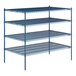 A blue Lavex Pro wire shelving unit with four shelves.