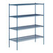 A blue metal Lavex Pro wire shelving unit with four shelves.