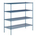 A blue metal Lavex Pro wire shelving unit with four shelves.