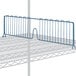 A Lavex Pro metal wire shelf divider with blue bars on it.