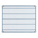 A blue wire shelf with a metal grid.