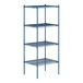 A blue metal Lavex Pro wire shelving unit with four shelves.