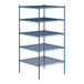 A blue metal wire shelving unit with four shelves.