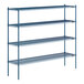 A blue metal Lavex Pro wire shelving unit with four shelves.