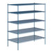 A blue metal Lavex Pro wire shelving unit with four shelves.