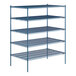 A blue Lavex Pro wire shelving unit with five shelves.