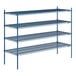 A blue Lavex Pro wire shelving unit with four shelves.