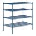 A blue metal Lavex Pro wire shelving unit with four shelves.