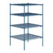 A blue metal Lavex Pro wire shelving unit with four shelves.