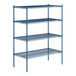 A blue metal wire shelving unit with four shelves.