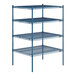 A blue metal Lavex Pro wire shelving unit with four shelves.