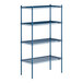 A blue metal Lavex Pro wire shelving unit with four shelves.