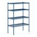 A blue metal Lavex Pro wire shelving unit with four shelves.