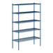 A blue Lavex Pro wire shelving unit with four shelves.