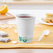 A Solo white compostable paper hot cup with a tea bag and a spoon.