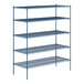 A blue metal Lavex Pro wire shelving unit with four shelves.