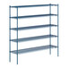 A blue Lavex Pro wire shelving unit with four shelves.