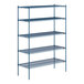 A blue metal Lavex Pro wire shelving unit with four shelves.