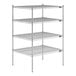 A chrome wire shelving unit with four shelves.