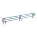 A blue metal shelf ledge with black rods.