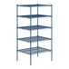 A blue Lavex Pro wire shelving unit with four shelves.