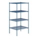 A blue metal Lavex Pro wire shelving unit with four shelves.