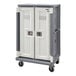 A white and grey plastic Cambro meal delivery cart with wheels.