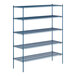 A blue metal wire shelving unit with four shelves.