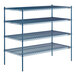 A blue metal Lavex Pro wire shelving unit with four shelves.